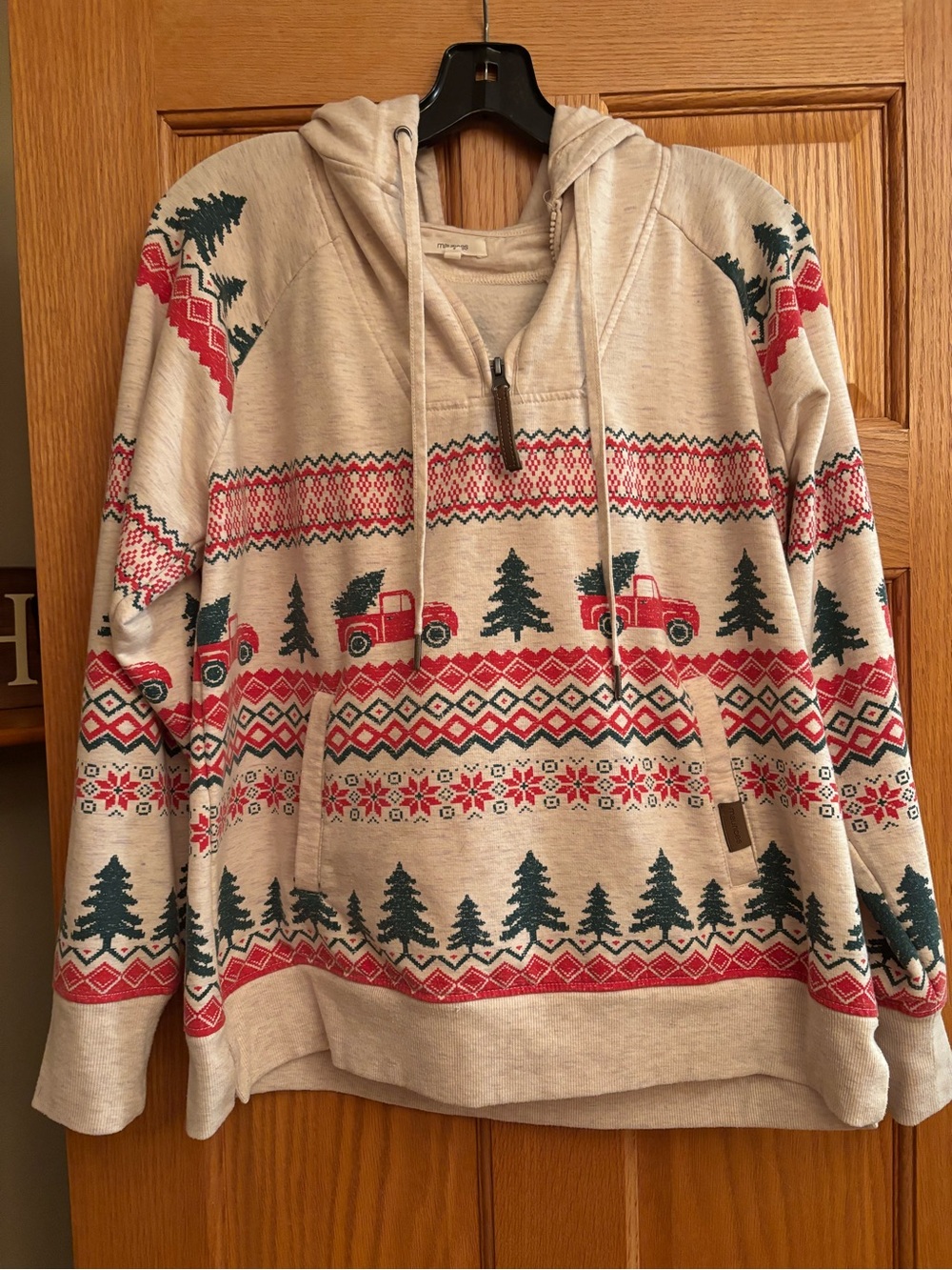 Maurices Beige Holiday Half-Zip Hoodie with Red Truck & Green Tree Pattern